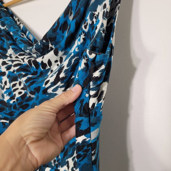 Ann Taylor Sleeveless Midi Dress V Neckline Stretch Leopard Print Blue Womens L - Picture 10 of 12